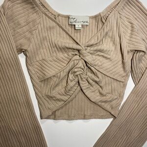 Vintage Havana Ribbed Twist-Front Tan Top